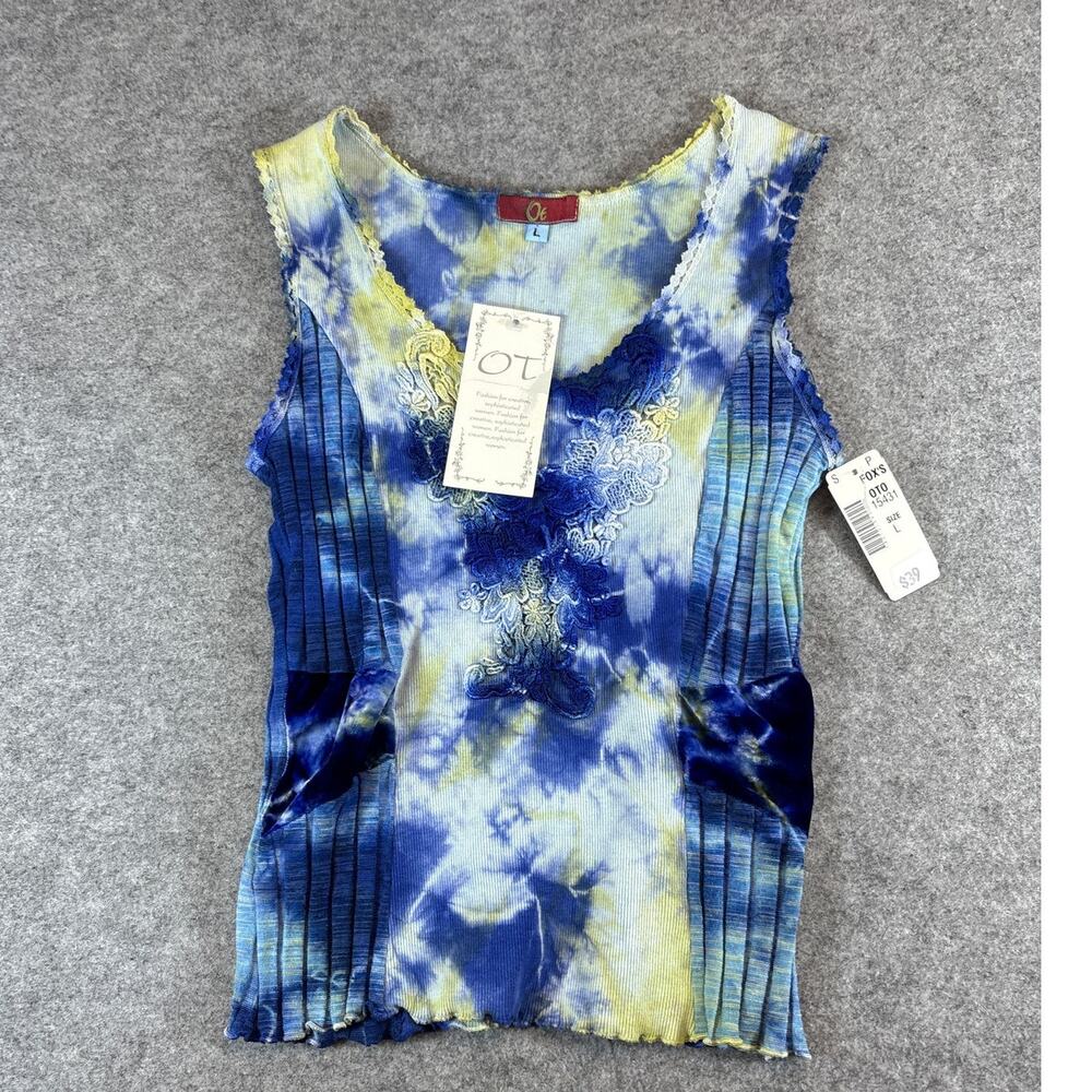OT Tie Dye Lace Tank Top Womens L Blue Yellow Ribbed Boho Y2K Retro Hippie NWT